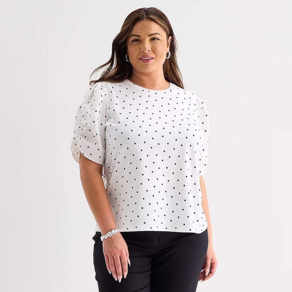 MSRP $44 Liz Claiborne Womens 4X White Dot Crew Neck Short Sleeve Blouse
